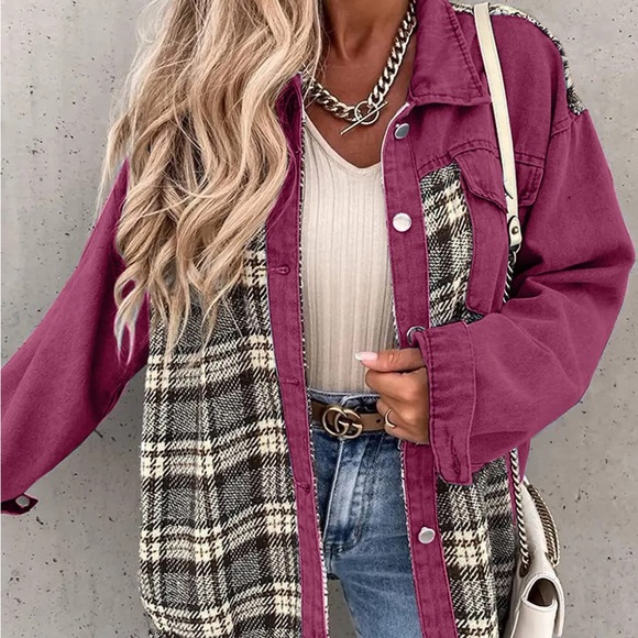 Plaid Button Up Dropped Shoulder Jacket in Burgundy